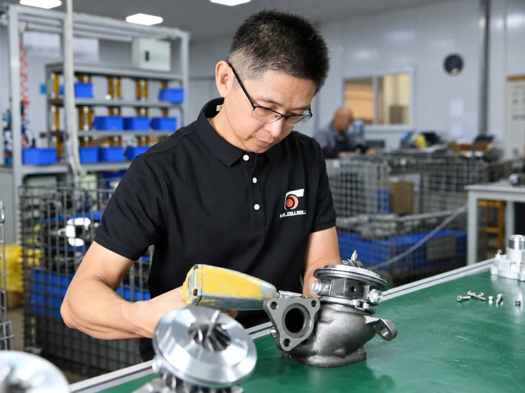 Milewell technician performing final inspection on a turbocharger
